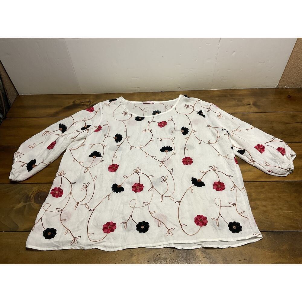 Parami Design Floral Embroidered Blouse 3/4 Sleeve Blouse Peasant Top Cottage 3X